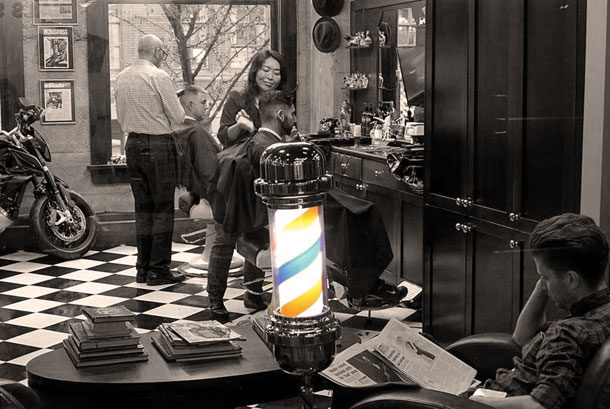 image of a barber pole at Farzad's Babershop in Yaletown