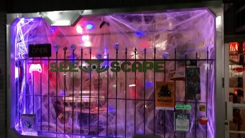 image of the See-Scape storefront decorated for Halloween